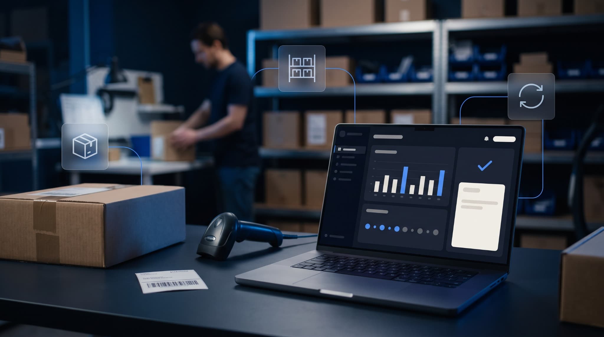 Warehouse inventory management dashboard on a laptop