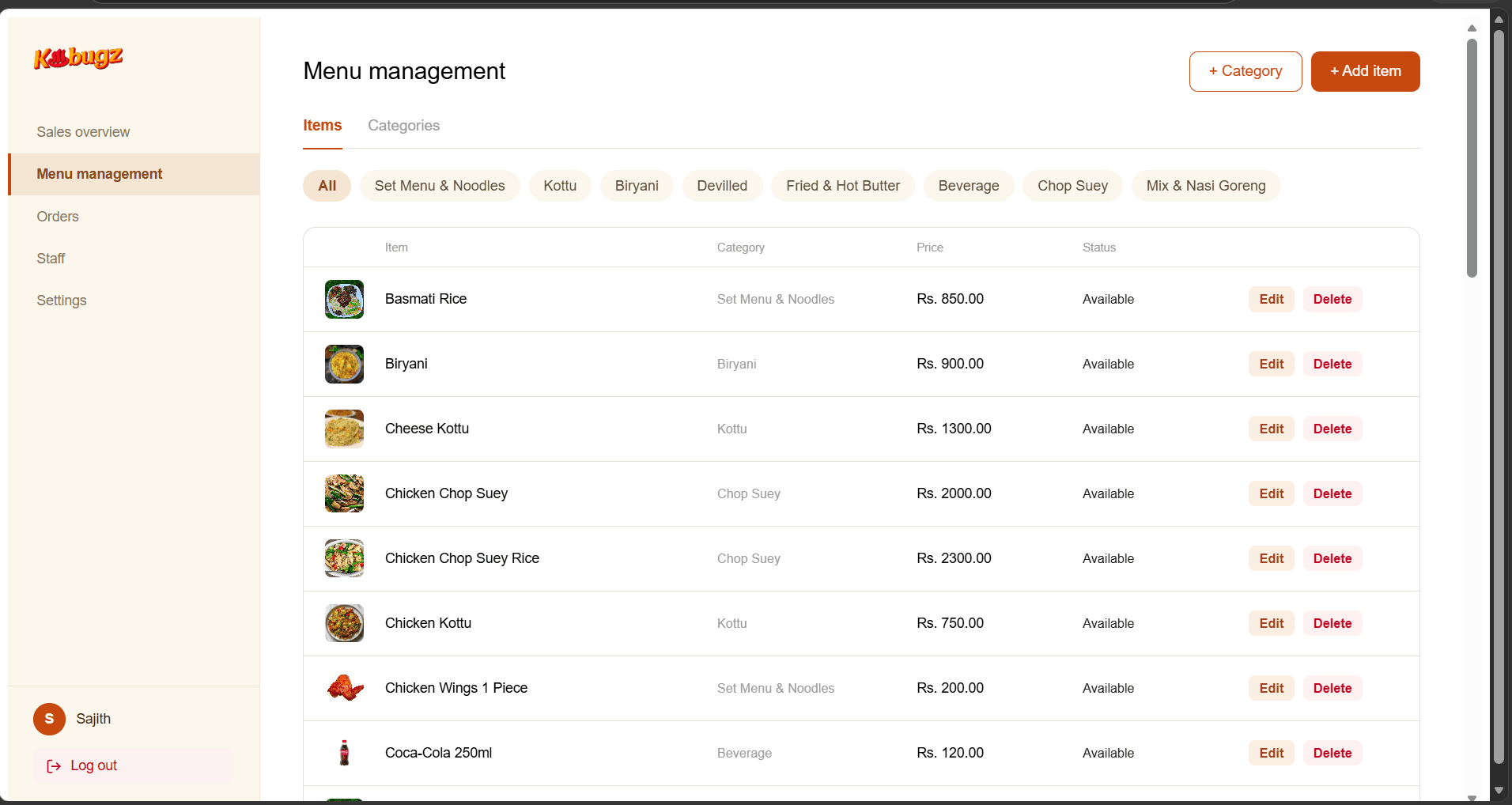 Kbugz menu management table listing each item with its category, price and availability