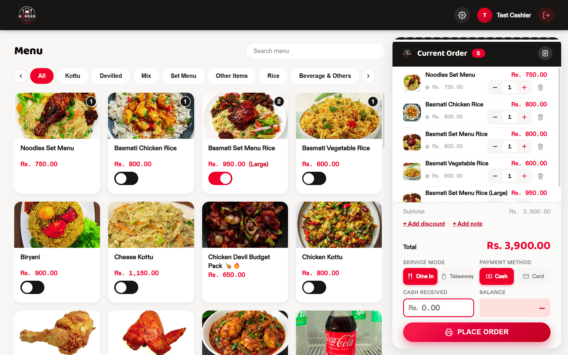 The Hunger Food Hub point-of-sale screen with menu items and the current order